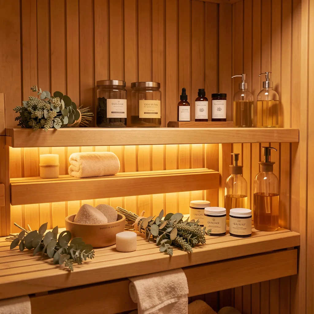 Relaxing sauna atmosphere with soft lighting
